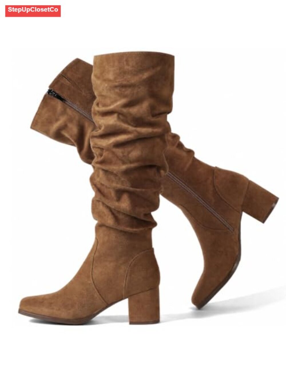 Faux Suede Square Toe Slouchy Knee High Boots Chunky Block Heel